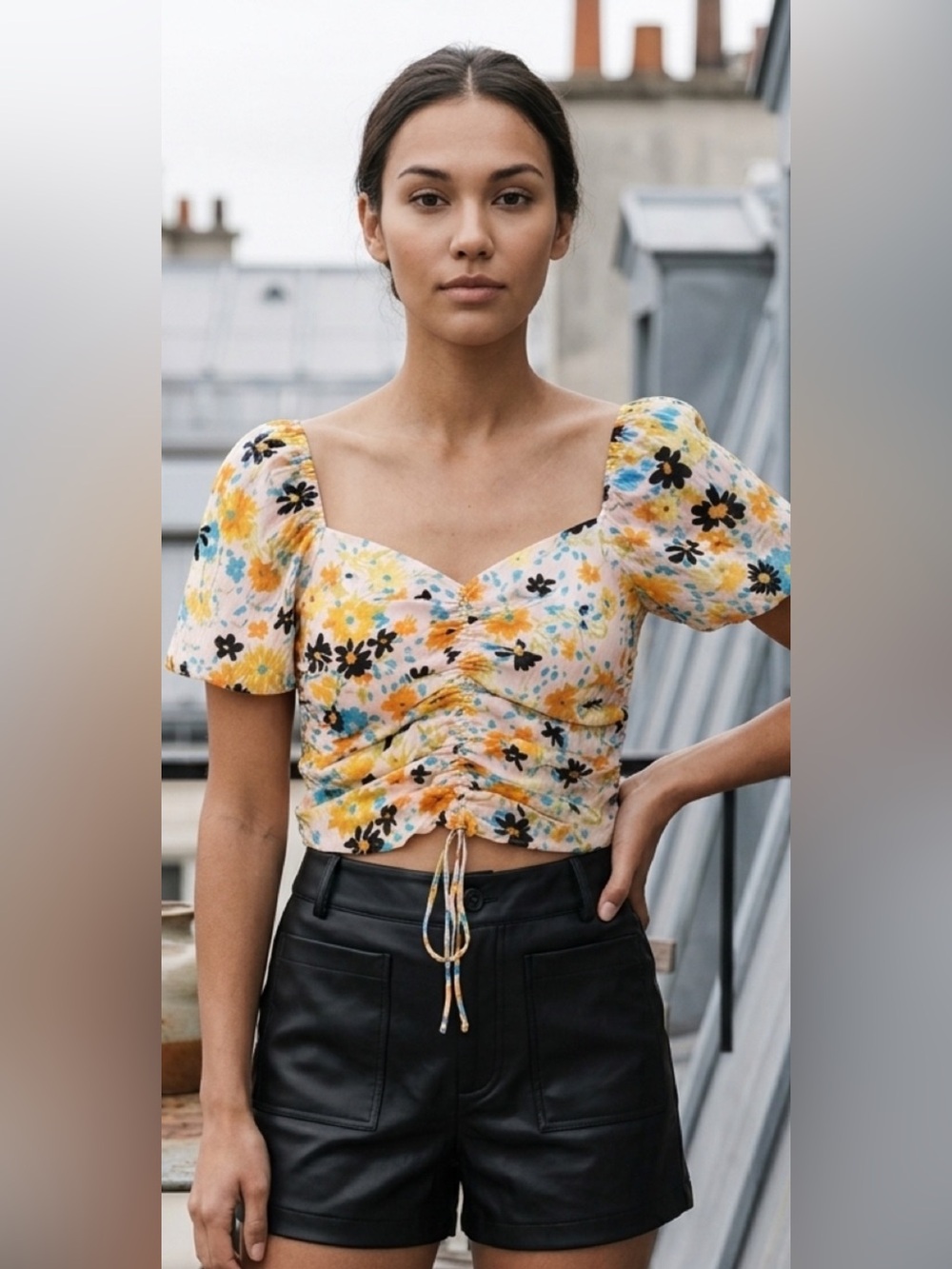 WAYF Floral Milkmaid Crop Top Puff Sleeve Smocked Back Cottagecore NWT Large